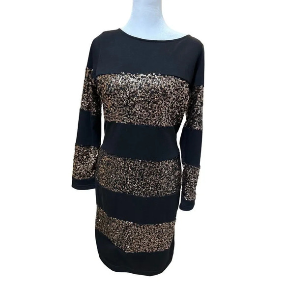 Anthropologie Sunday in Brooklyn Black Rose Gold Sequin Pencil Dress Size Medium - Picture 2 of 6